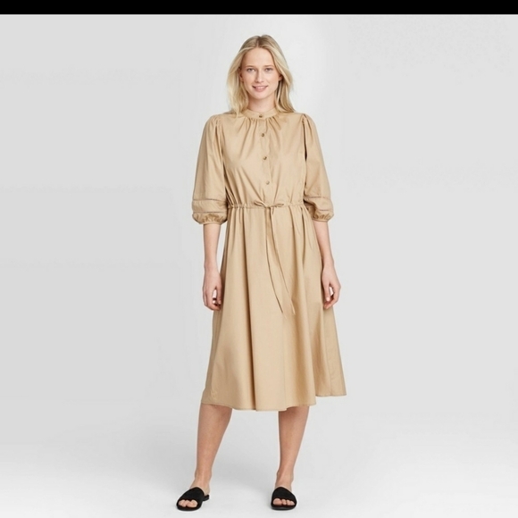 Who What‎ Wear Beige Midi Dress tie waist puffy sleeves size XS khaki - Picture 1 of 9